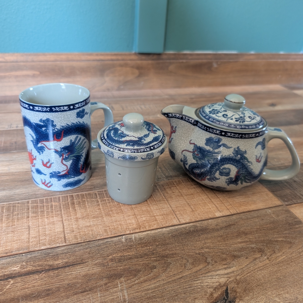 Blue and White Dragon Teapot Set